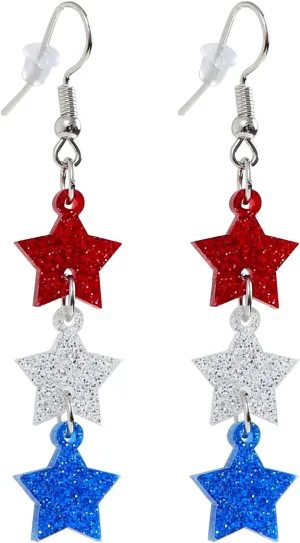 4th of July Earrings for Women Glitter Star Drop Dangle Earrings Patriotic American Flag Independence Day Accessories