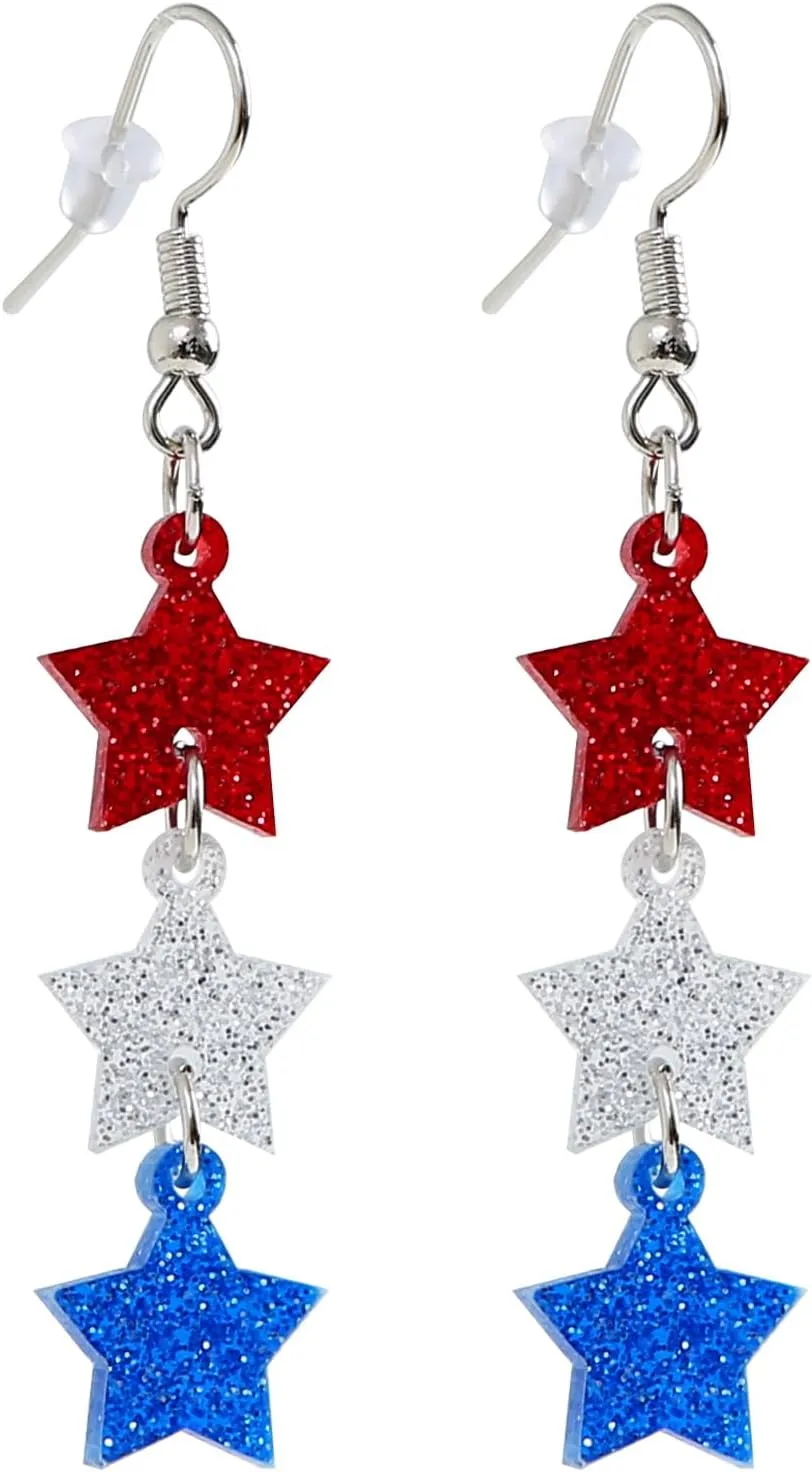 4th of July Earrings for Women Glitter Star Drop Dangle Earrings Patriotic American Flag Independence Day Accessories