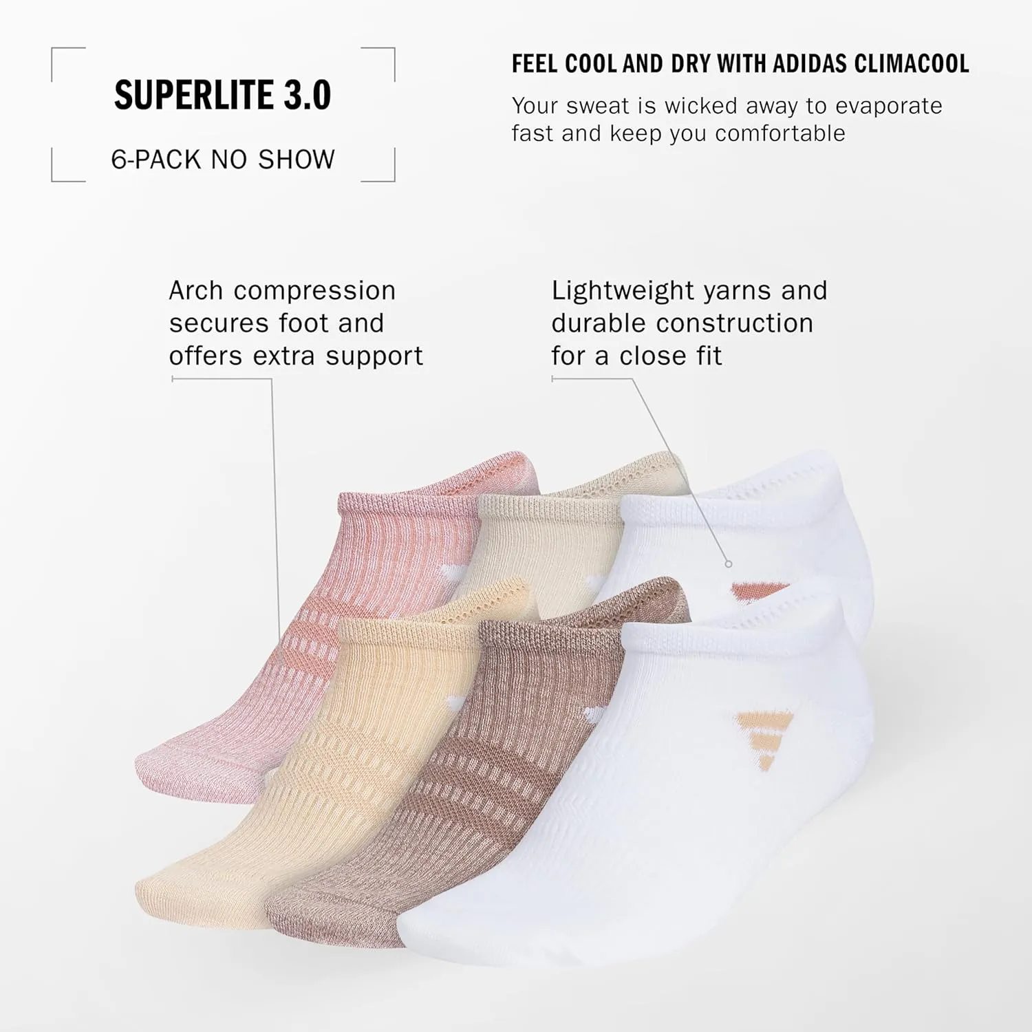 adidas Women's Superlite 3.0 No Show Athletic Socks Low-Profile Fit with Targeted Padding and Arch Compression (6 Pairs)