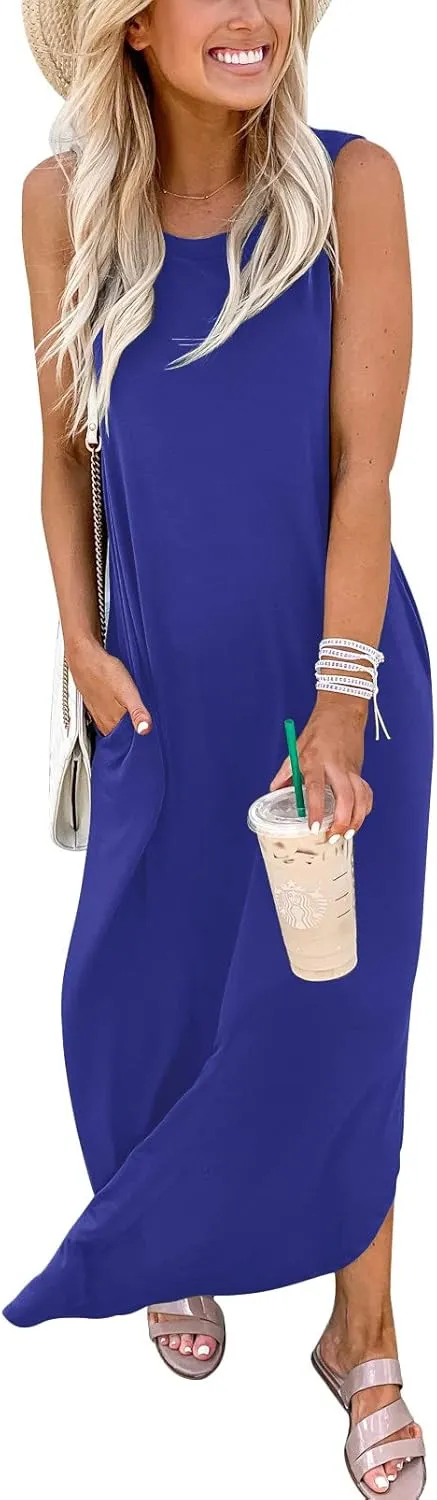 ANRABESS Women Casual Loose Sundress Sleeveless Split Maxi Long Beach Shirt Dress Travel Vacation 2025 Summer Outfits