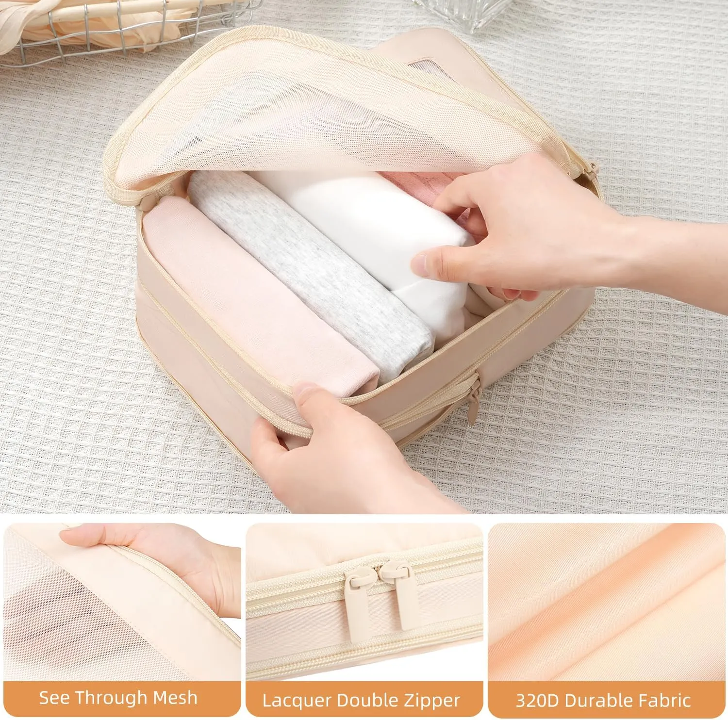 BAGAIL 4 Set/6 Set/8 Set Compression Packing Cubes Travel Accessories Expandable Packing Organizers (Square Mesh, 05-Beige)