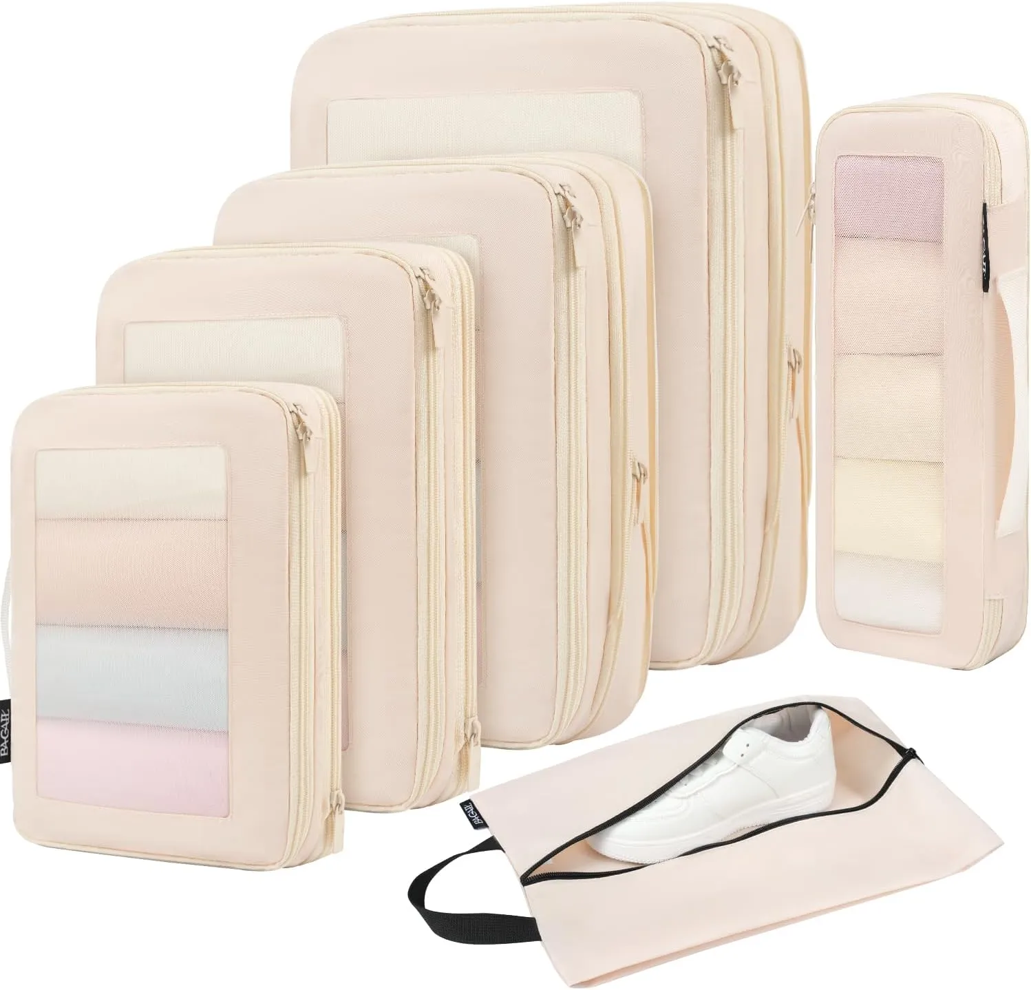 BAGAIL 4 Set/6 Set/8 Set Compression Packing Cubes Travel Accessories Expandable Packing Organizers (Square Mesh, 05-Beige)