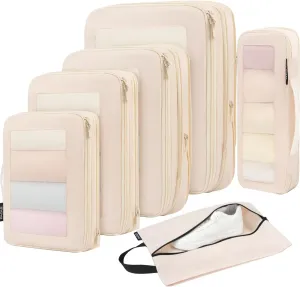 BAGAIL 4 Set/6 Set/8 Set Compression Packing Cubes Travel Accessories Expandable Packing Organizers (Square Mesh, 05-Beige)