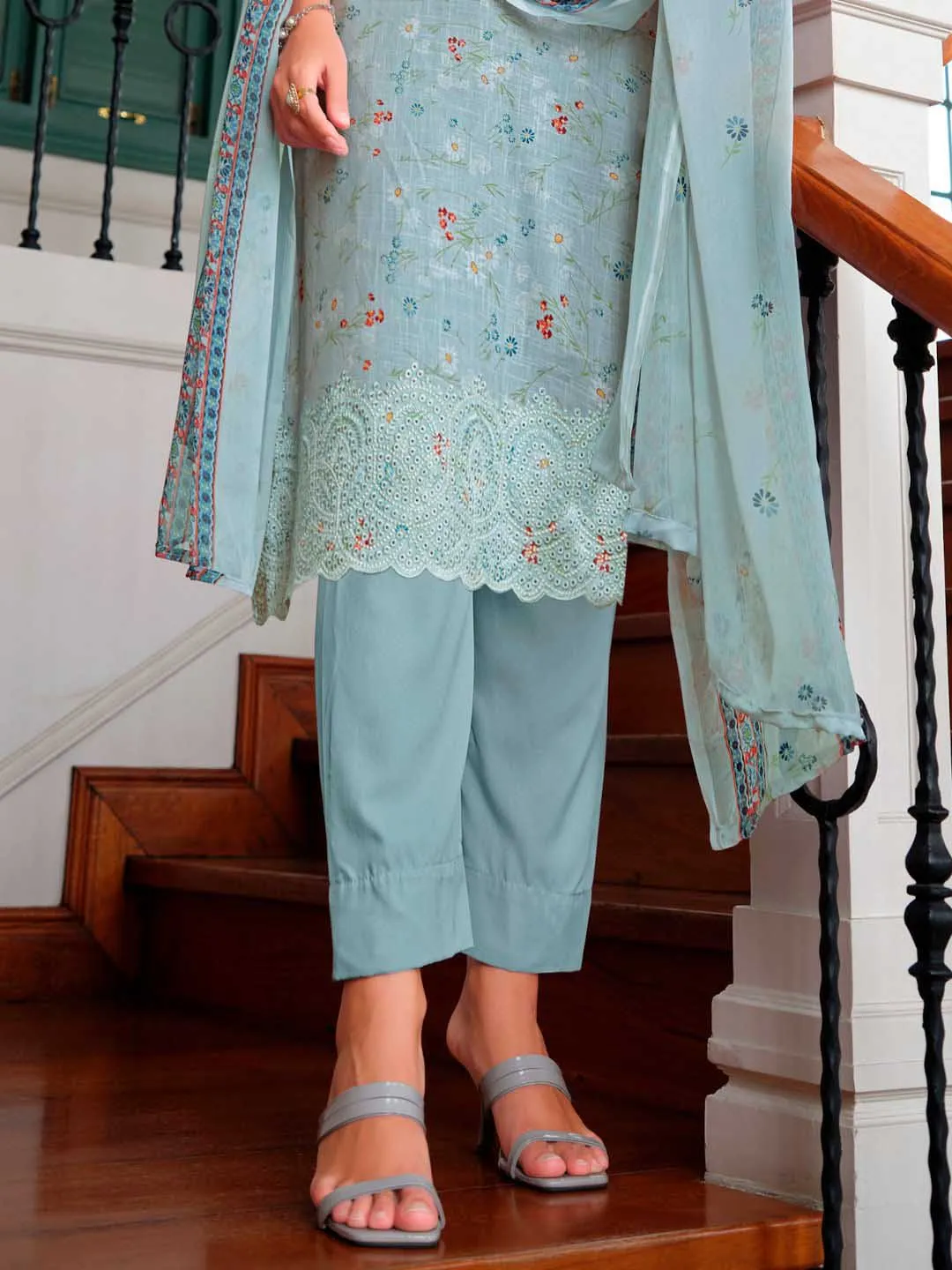 Belliza Cotton Linen Embroidered Unstitched Salwar Suit Set Grey