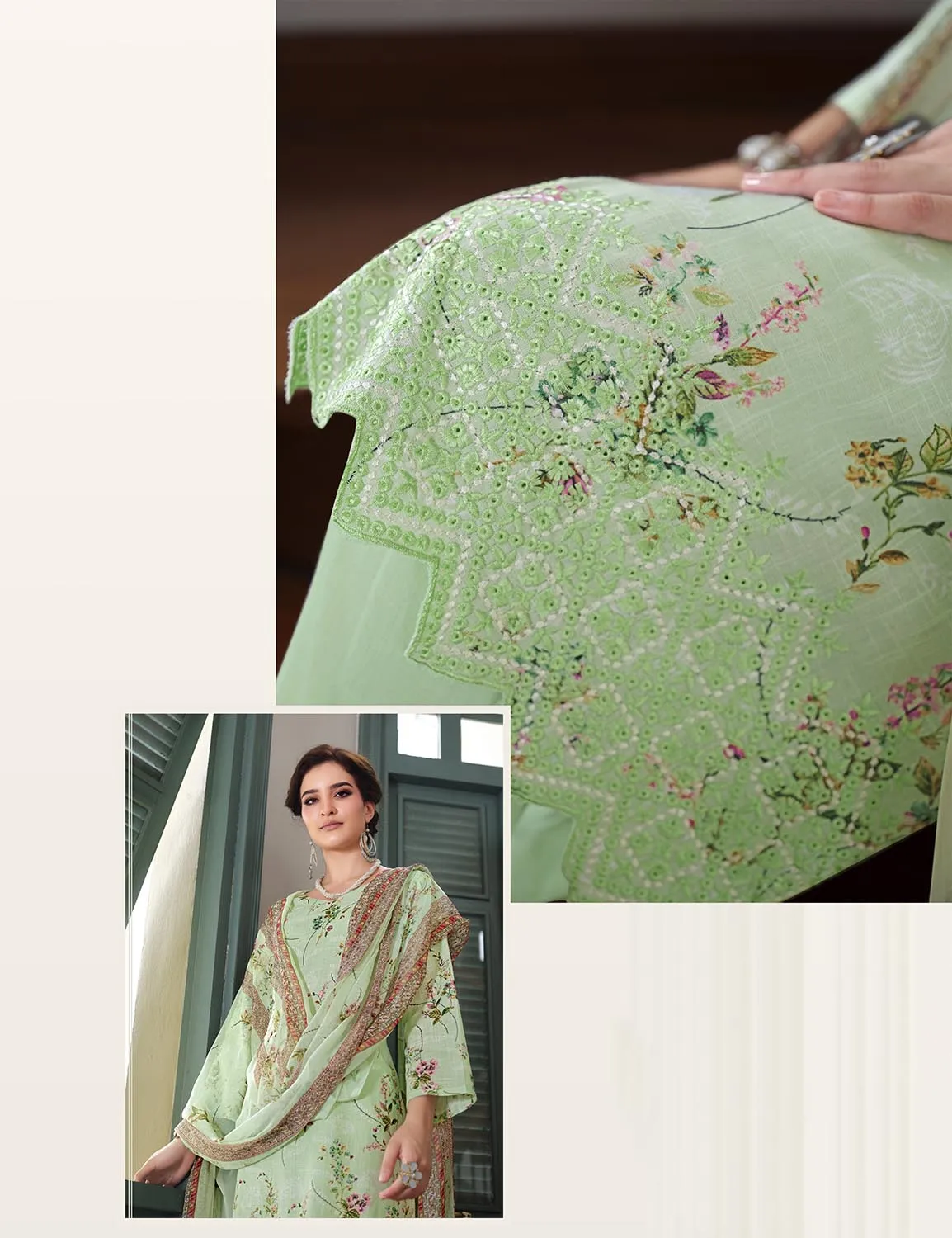 Belliza Cotton Linen Embroidered Unstitched Suit Green
