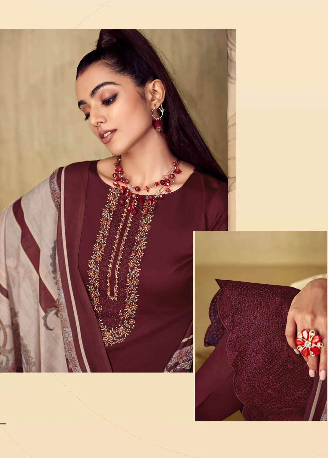 Belliza Women Embroidered Maroon Cotton Suit Dress Material Unstitched