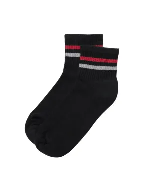 Black Striped Quarter Crew Sock- Grey/Red Stripe