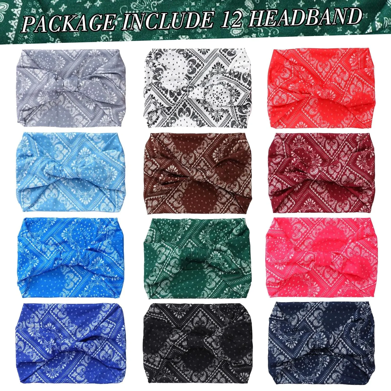 Censen 12 Pcs Assorted Bandeau Headbands - Wide Elastic Boho Chiffon Headwraps for Women, Hair Accessories for Yoga, Running, and Everyday Wear