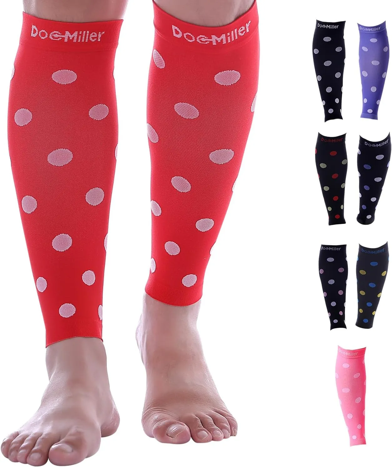Doc Miller Calf Compression Sleeve  Footless Socks for Women & Men, 20-30mmHg, Shin Splint & Leg Cramp Support, Varicose Veins, Knee High, 1 Pair, Polka Dot
