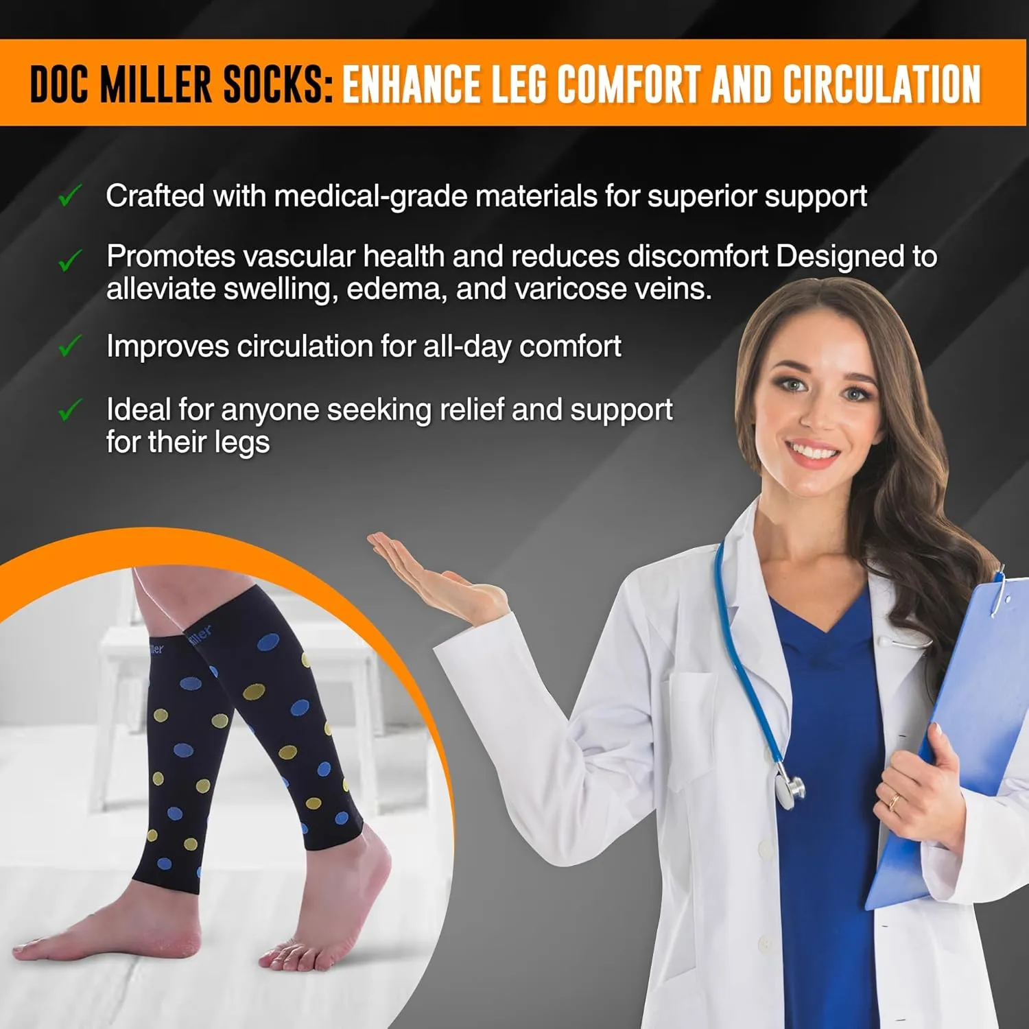 Doc Miller Calf Compression Sleeve  Footless Socks for Women & Men, 20-30mmHg, Shin Splint & Leg Cramp Support, Varicose Veins, Knee High, 1 Pair, Polka Dot