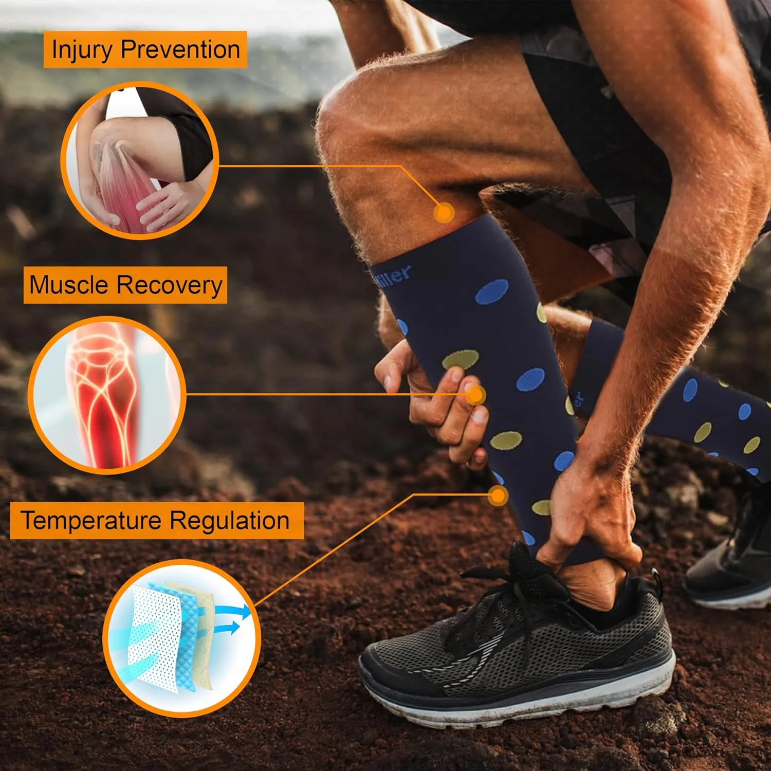 Doc Miller Calf Compression Sleeve  Footless Socks for Women & Men, 20-30mmHg, Shin Splint & Leg Cramp Support, Varicose Veins, Knee High, 1 Pair, Polka Dot
