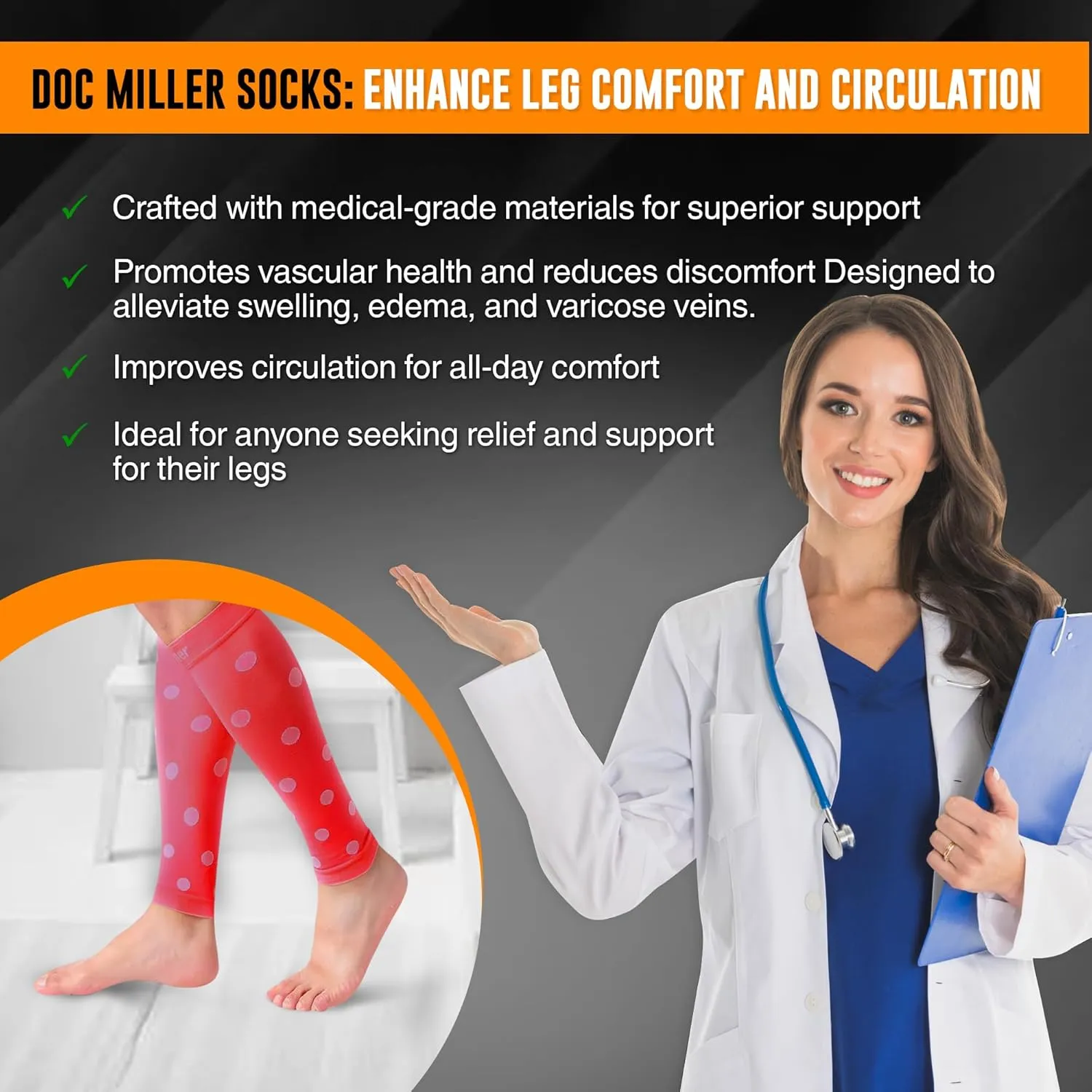 Doc Miller Calf Compression Sleeve  Footless Socks for Women & Men, 20-30mmHg, Shin Splint & Leg Cramp Support, Varicose Veins, Knee High, 1 Pair, Polka Dot