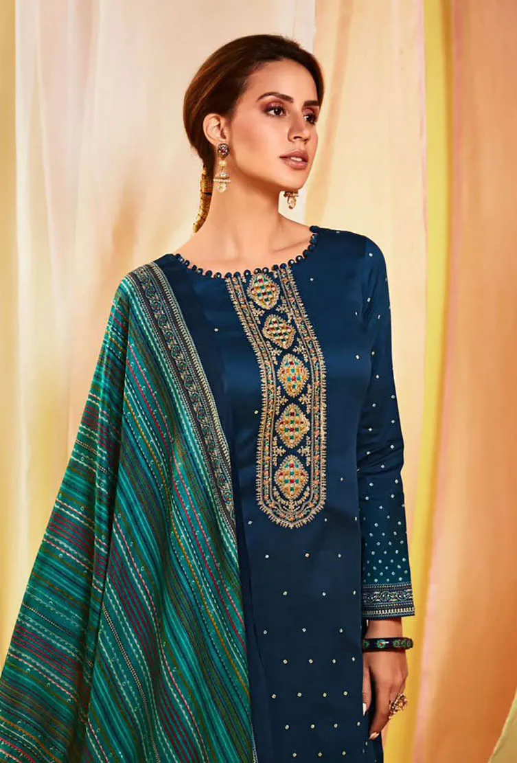 Embroidered Cotton Satin Unstitched Suit Set Blue