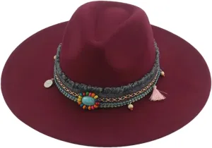 Fedora Hats for Women Big Brim Band Cowboy Panama Solid Belt Men Hat Felted Fedoras Wine red 56-58cm