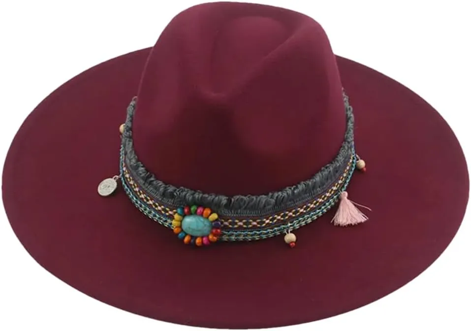 Fedora Hats for Women Big Brim Band Cowboy Panama Solid Belt Men Hat Felted Fedoras Wine red 56-58cm