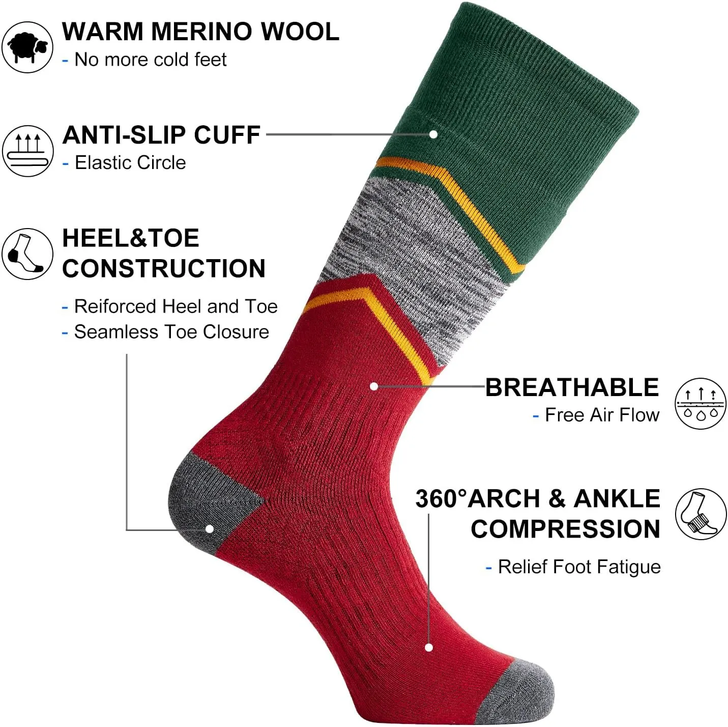 FITRELL 2/3 Pack Merino Wool Ski Socks for Snowboarding, Full Cushioned Winter Thermal Knee-high Warm Socks for Men and Women