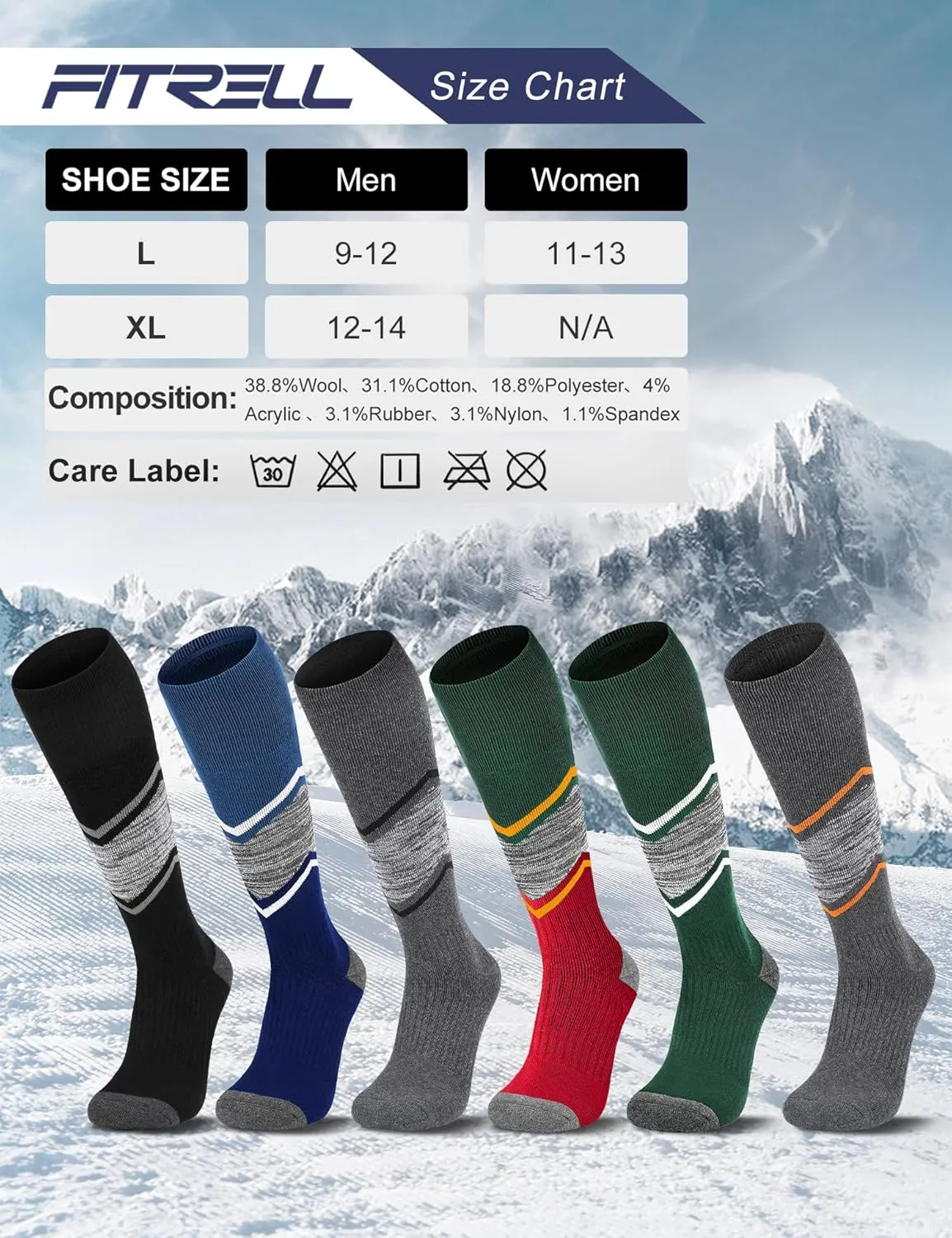 FITRELL 2/3 Pack Merino Wool Ski Socks for Snowboarding, Full Cushioned Winter Thermal Knee-high Warm Socks for Men and Women