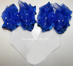 Glitzy Royal Blue Organza Ruffle Bow Socks