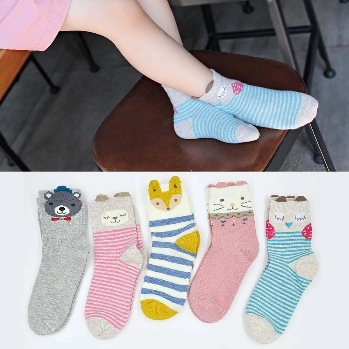 Hellomamma Girls Toddler Cotton Crew Socks Kids Novelty Animal Soft Funny Fashion Casual Breathable Childs Socks 5 Pairs