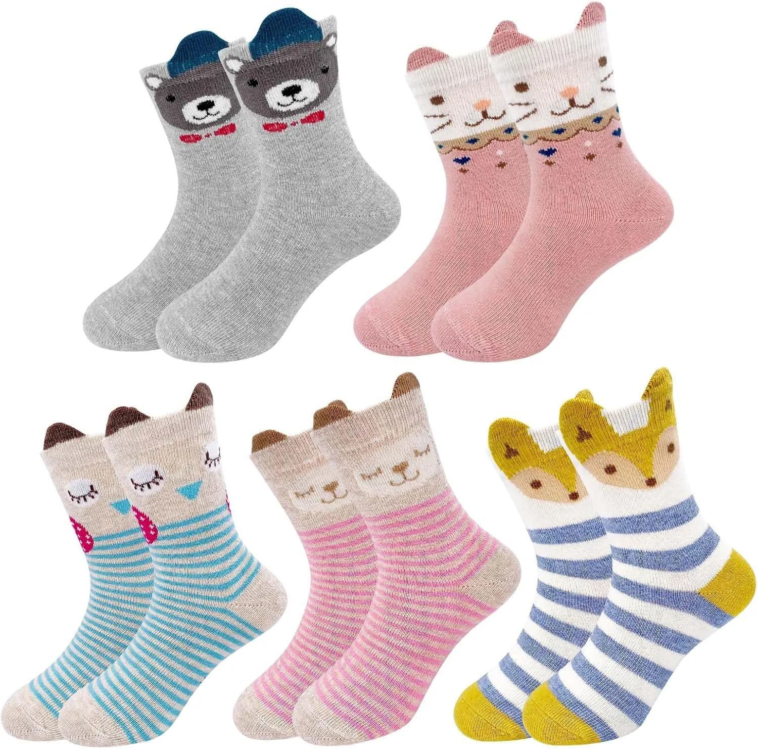 Hellomamma Girls Toddler Cotton Crew Socks Kids Novelty Animal Soft Funny Fashion Casual Breathable Childs Socks 5 Pairs