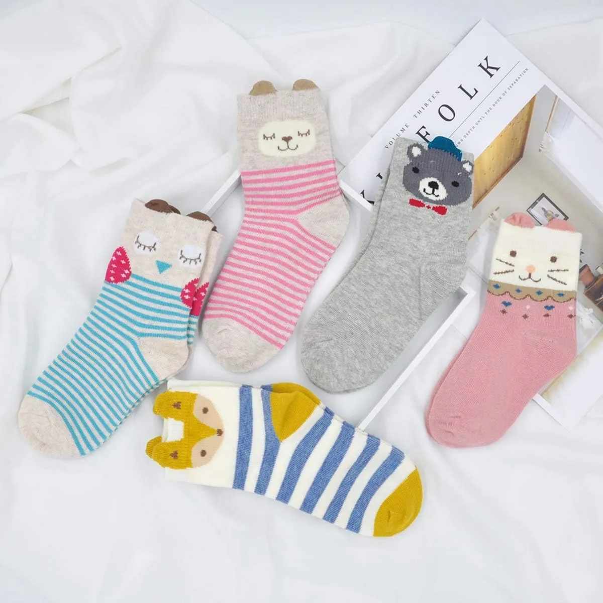 Hellomamma Girls Toddler Cotton Crew Socks Kids Novelty Animal Soft Funny Fashion Casual Breathable Childs Socks 5 Pairs