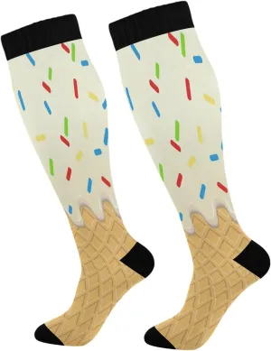 Kigai Ice Cream Cone Compression Socks for Women Men, Circulation Knee High Stockings for Running Cycling Medical