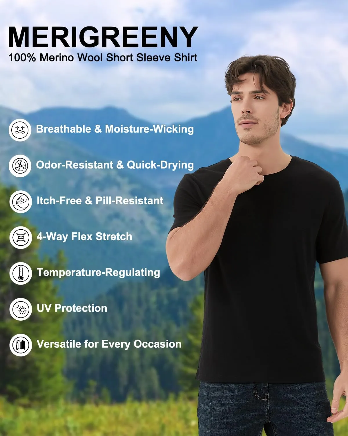 Men's 100% Merino Wool T-Shirt, Breathable Merino Undershirt, Base Layer for Men