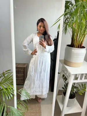 Modal Cotton Kurti Plazzo Set - White
