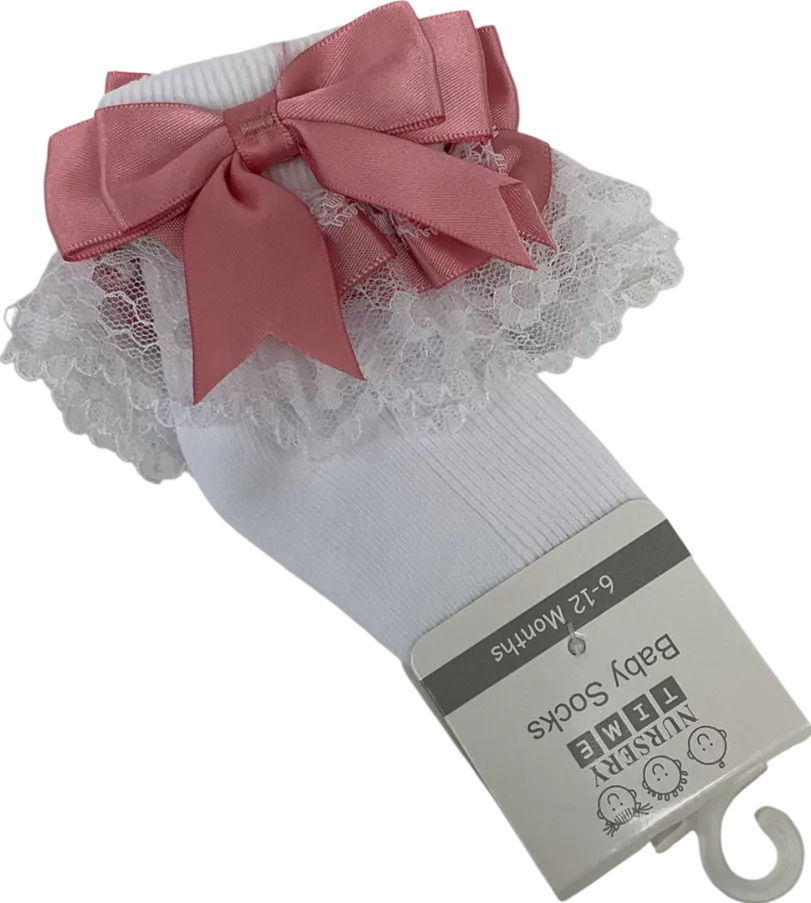 Nursery Time White Satin Bow Detail Frilly Socks 3-6 Months