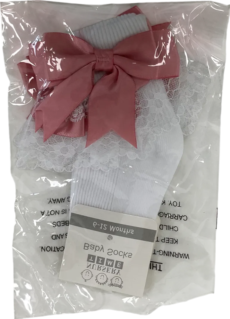 Nursery Time White Satin Bow Detail Frilly Socks 3-6 Months