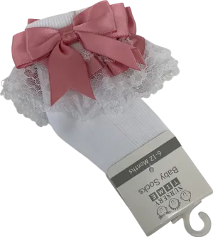 Nursery Time White Satin Bow Detail Frilly Socks 3-6 Months