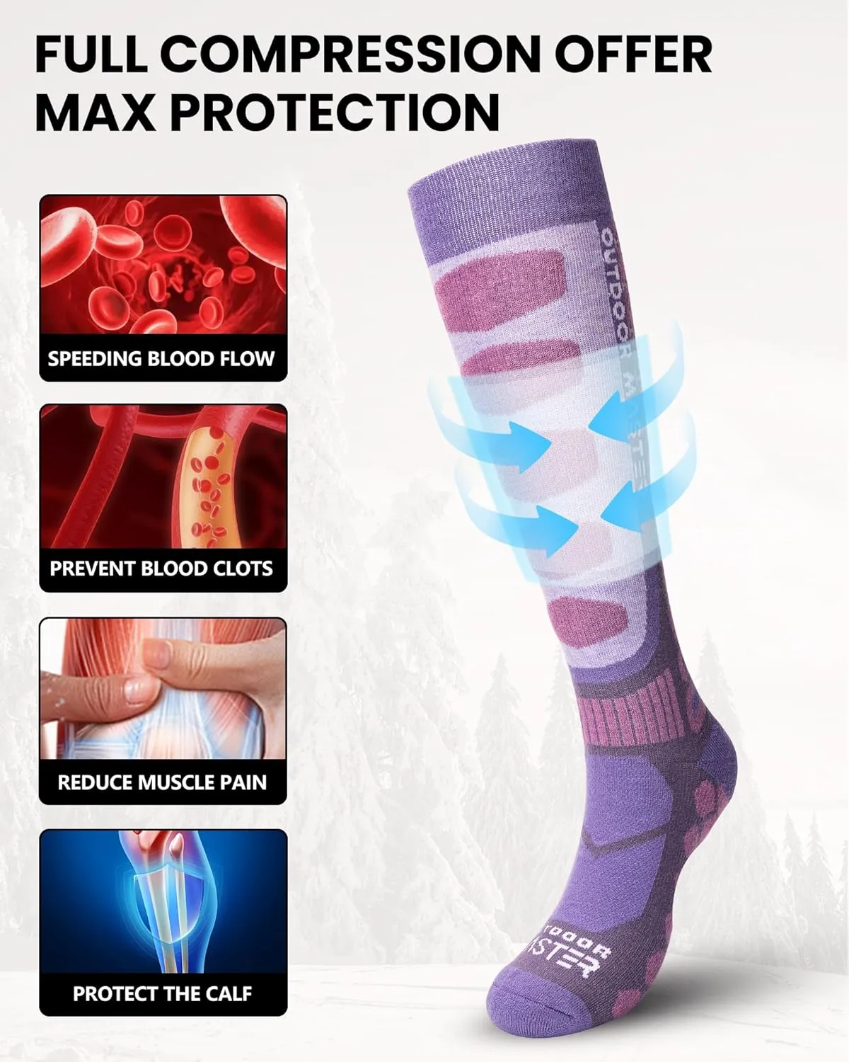 OutdoorMaster Merino Wool Ski Socks, 2/3 Pairs Compression Over The Calf for Men & Women, Winter Snowboard Thermal Socks