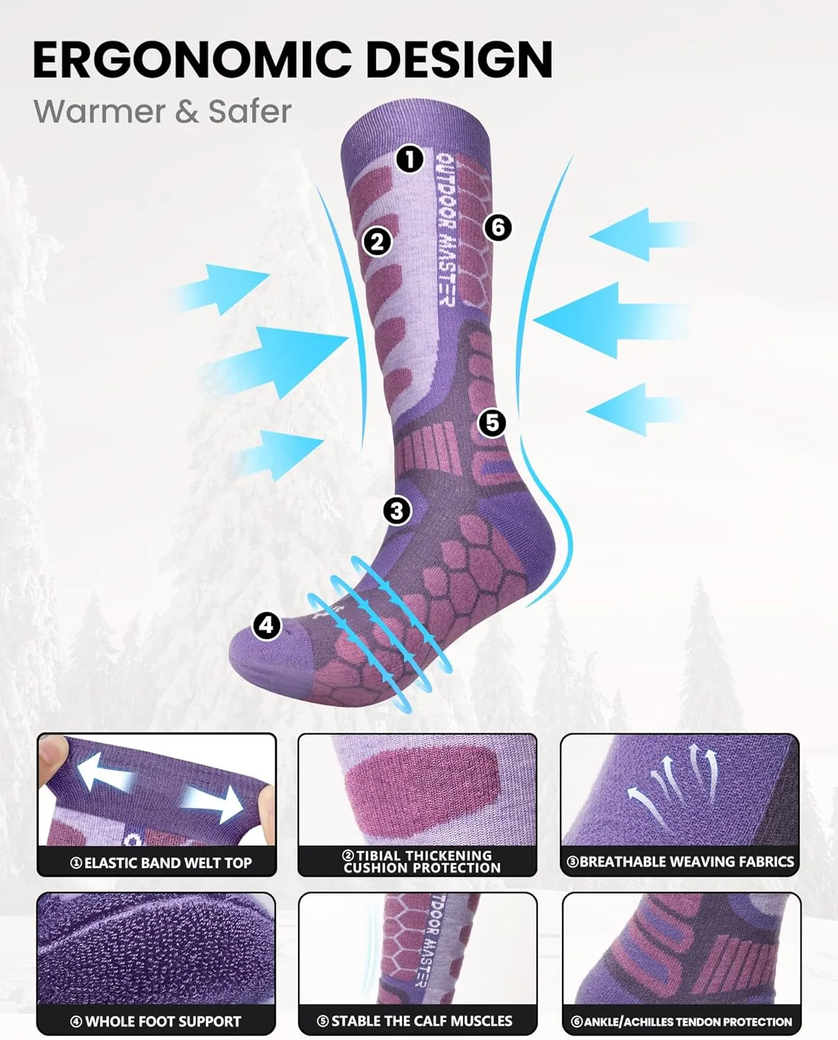 OutdoorMaster Merino Wool Ski Socks, 2/3 Pairs Compression Over The Calf for Men & Women, Winter Snowboard Thermal Socks