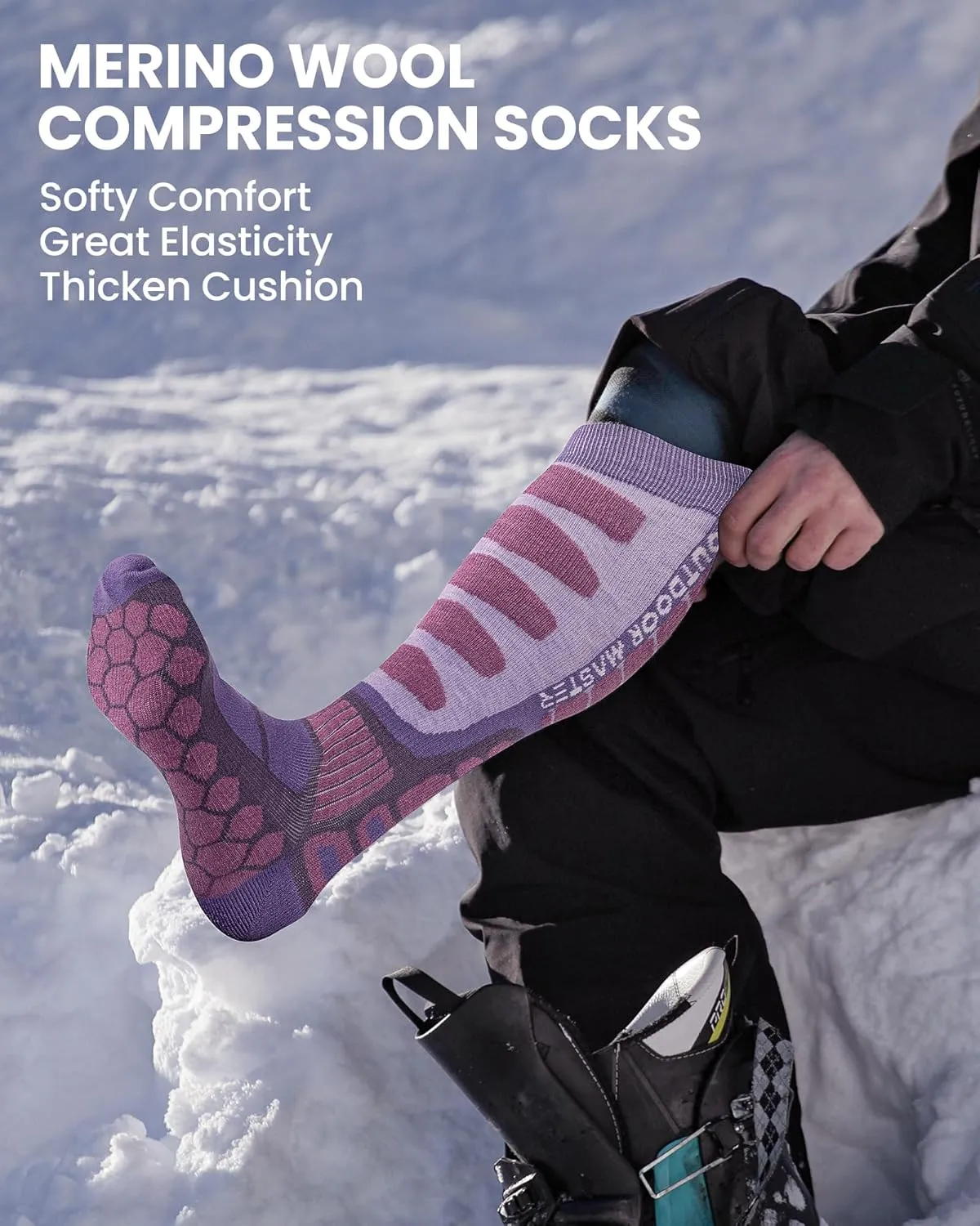 OutdoorMaster Merino Wool Ski Socks, 2/3 Pairs Compression Over The Calf for Men & Women, Winter Snowboard Thermal Socks