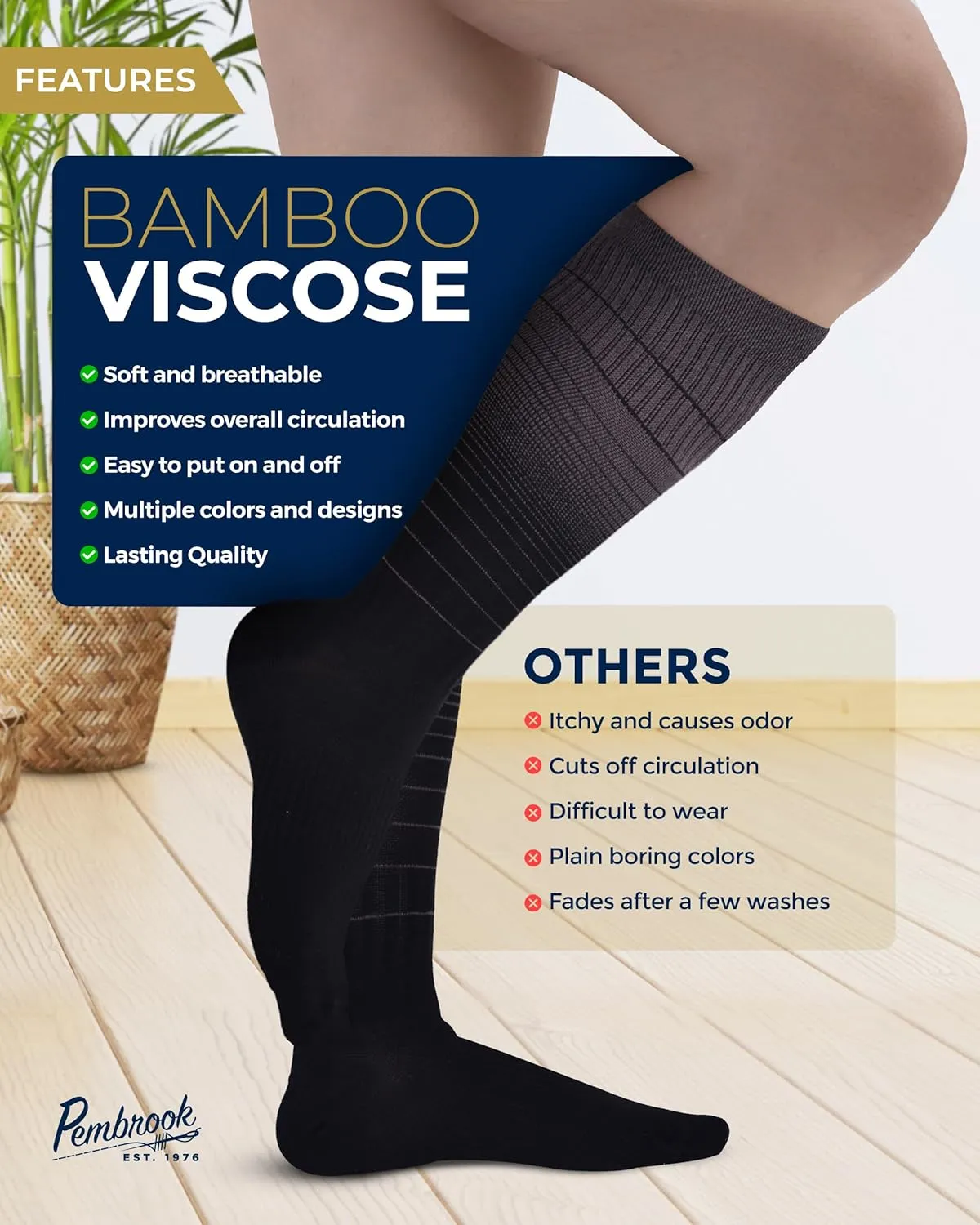 Pembrook Bamboo Viscose Light Compression Socks - 3 Pairs | 8-15 mmhg Compression Socks | Knee High Comfort Support Socks