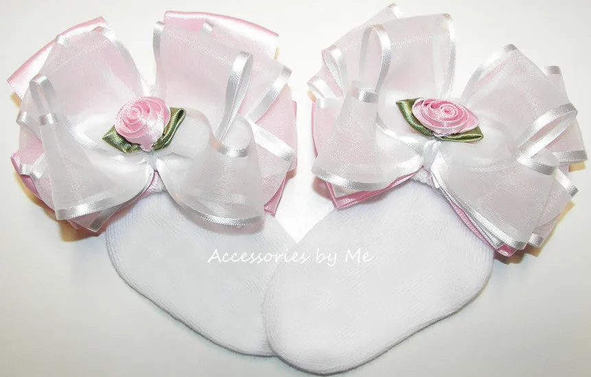 Pink White Organza Satin Floral Bow Socks