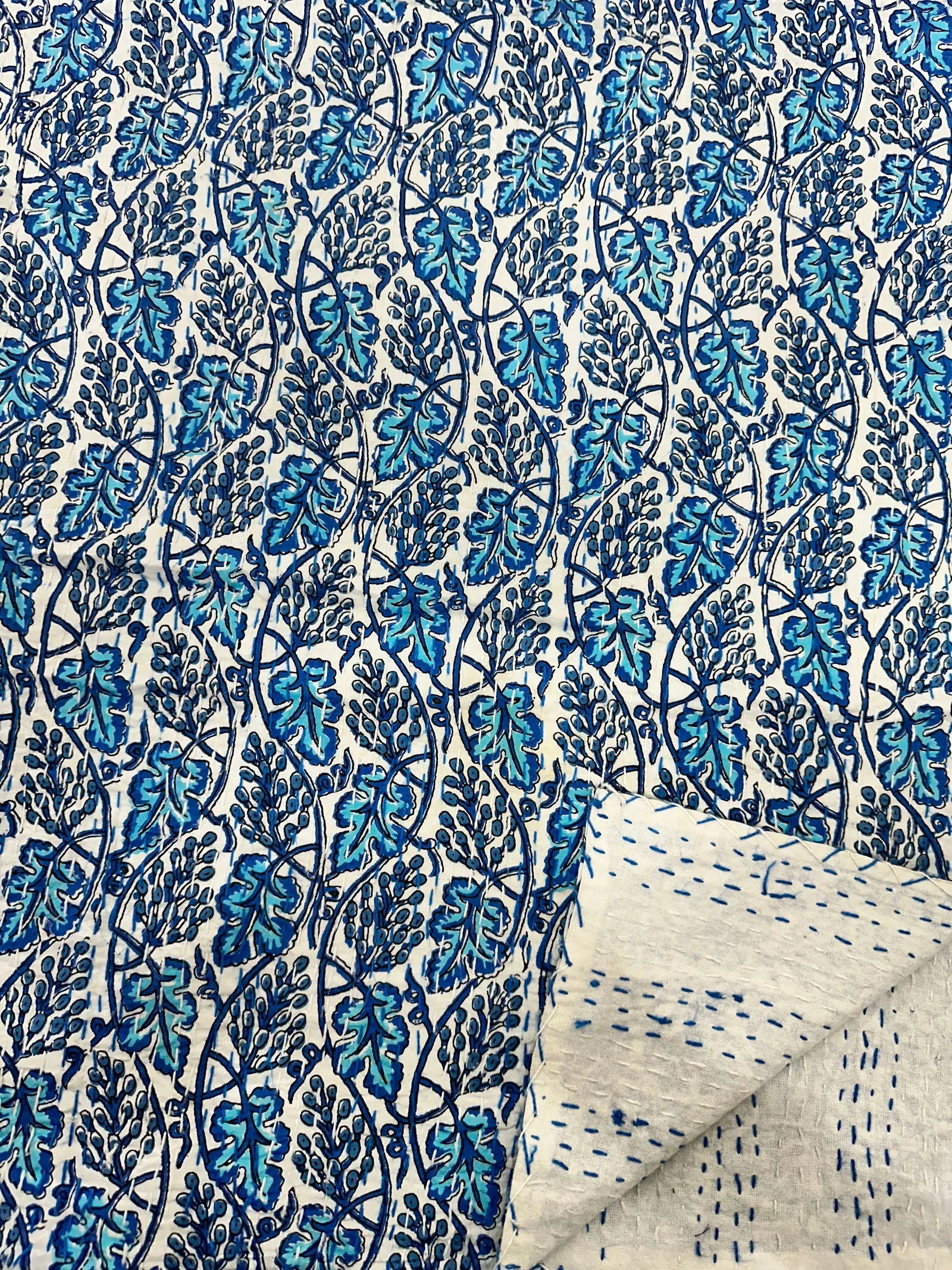 Pure Cotton Kantha Stitch Throw | Indian Hand Block Quilted King Size Bedspread/Sofa Cover Home Decor | Leaf Reversible Print Blue