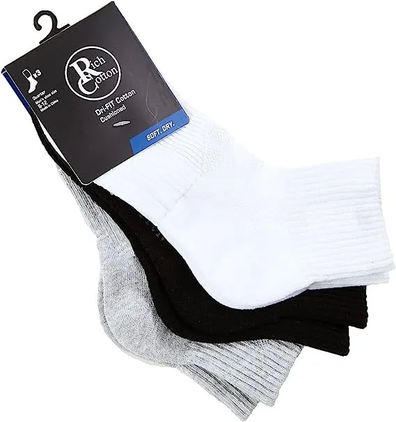 Rich Cotton Men's Multi-Pack Cotton Cushioned Athletic Ankle Socks - Performance Quarter Socks