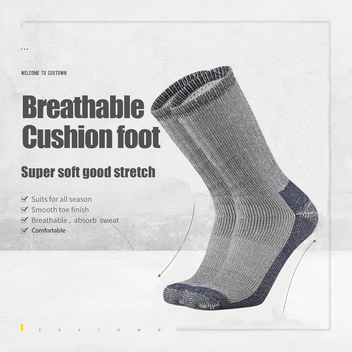 SOX TOWN Men's Merino Wool Cushion Crew Socks Moisture Wicking Control for Outdoor Hiking Work Boot Thermal Warm All Seasons
