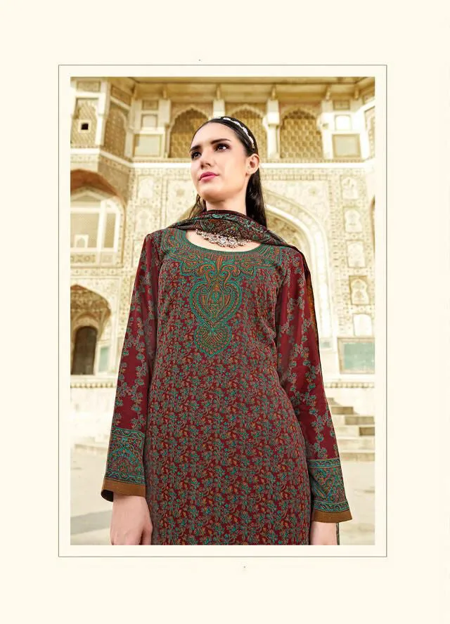 Unstiched Red Kani Style Print Suits with Chiffon Duppata