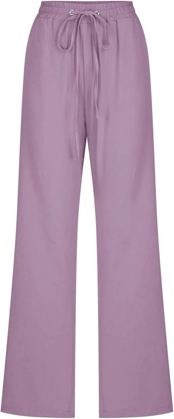 Womens Casual Cotton Linen Pants Lightweight Elastic Waist Pant Summer Fall Lounge Plain Drawstring Trousers, Large